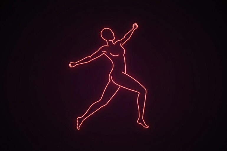 A dynamic, glowing neon outline illustration of a stylized human figure in an energetic, active pose, representing the vibrant energy and innovation of the health and wellness industry.