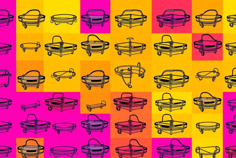 A brightly colored, high-contrast silkscreen print of a Pilates ring repeated in a tight grid pattern, rendered in a bold, neon color palette with heavy black outlines in the style of Andy Warhol, conceptually representing the unexpected physical sensations that can arise during certain fitness exercises.