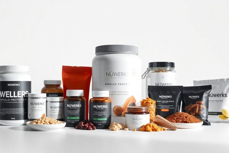 A minimalist studio still life photograph featuring an elegant arrangement of premium wellness products including protein powder, supplements, and functional snacks, all shot against a clean white background with dramatic lighting to convey a sense of quality and innovation.