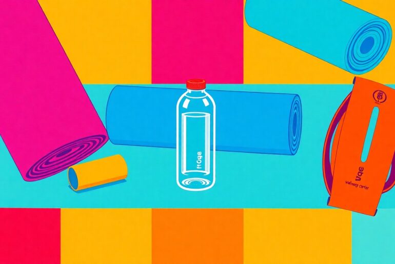 A vibrant, pop art-inspired illustration featuring repeated images of wellness-related objects like a yoga mat, water bottle, and exercise band, conceptually representing the center
