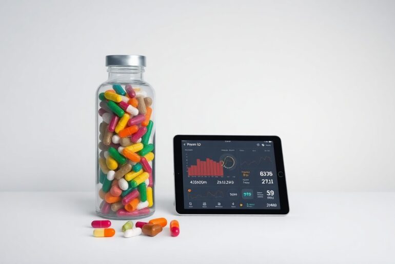 A minimalist, high-quality studio photograph featuring a sleek glass bottle filled with colorful nutritional supplements, a tablet device displaying health data, and a clean, monochromatic background, conceptually representing the personalized, data-driven approach of the Prysm iO platform.