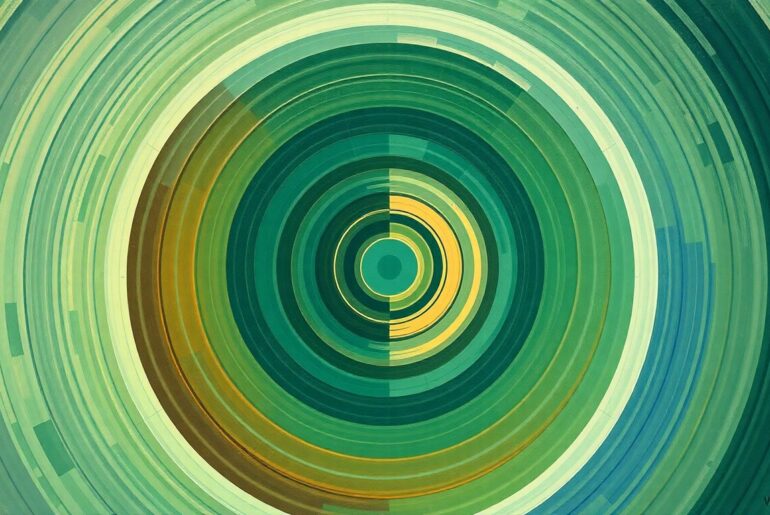 A highly structured abstract painting in muted earth tones, featuring sweeping geometric arcs, concentric circles, and precise botanical spirals, conceptually representing the complex scientific forces involved in preserving Vitamin D in fish during long-distance transport.