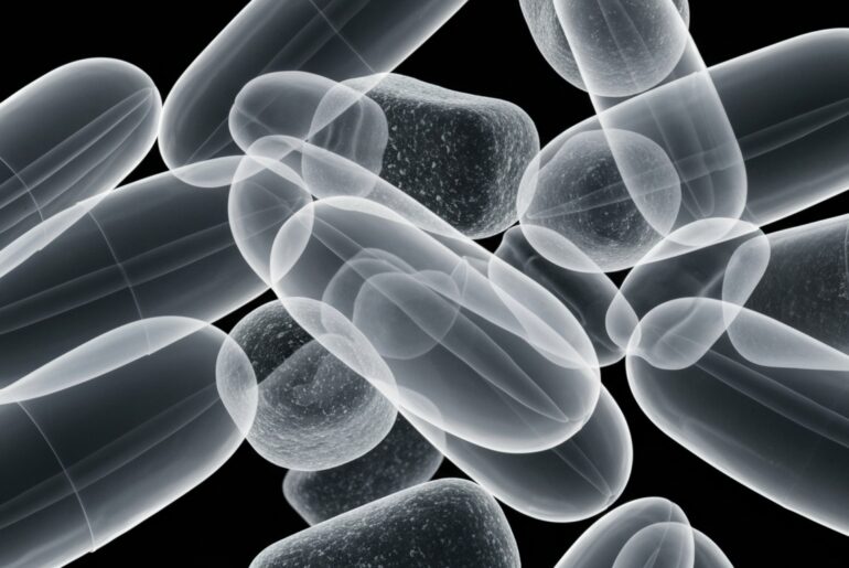 An extreme close-up X-ray photograph showing the internal structure of probiotic capsules and gummies, conceptually illustrating the science-backed formulation of the new Black Girl Vitamins vaginal wellness product.