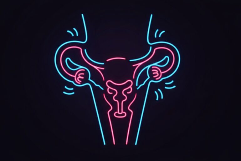 A vibrant, minimalist illustration in neon lines depicting the female reproductive system, conceptually representing the new Her Balance Vaginal Probiotic Gummies from Black Girl Vitamins.