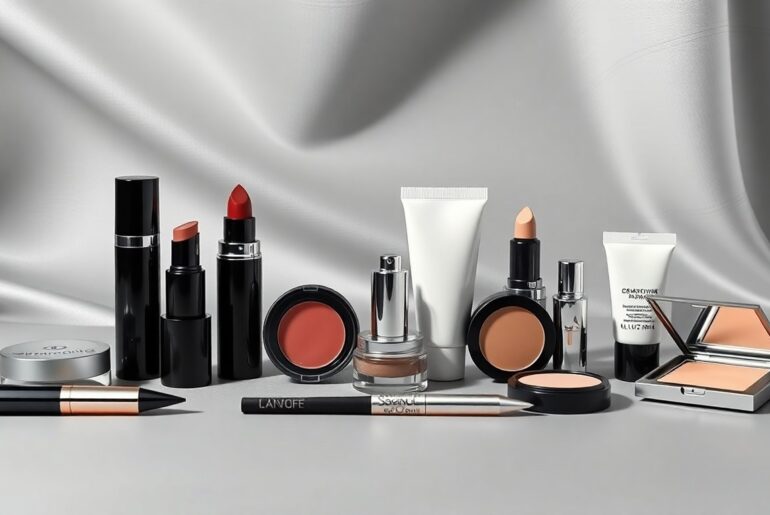 A high-end, photorealistic studio still-life photograph featuring a collection of premium, polished makeup products in geometric shapes and clean lines, arranged elegantly on a monochromatic seamless background. The objects represent the abstract concepts of corporate strategy, finance, and market trends in the cosmetics industry.