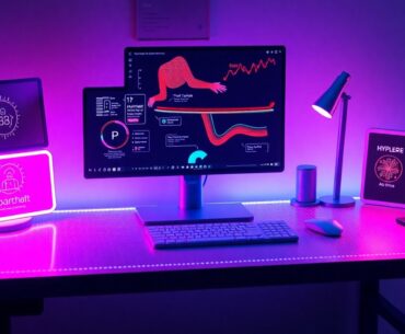 A highly detailed, glowing 3D illustration of a smart desk with various sensors and tracking devices, representing the integration of technology in modern workplace wellness programs.