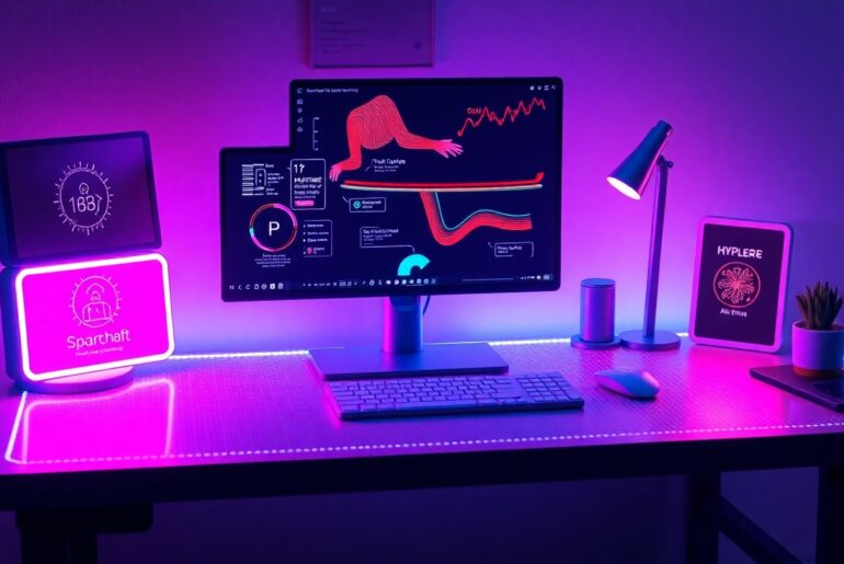 A highly detailed, glowing 3D illustration of a smart desk with various sensors and tracking devices, representing the integration of technology in modern workplace wellness programs.