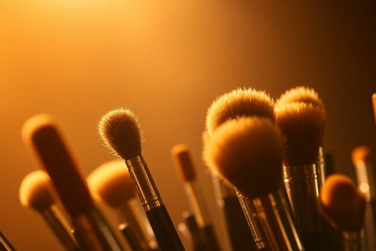 An abstract close-up photograph of makeup brushes and applicators covered in shimmering, glittering textures, capturing the high-fashion and celebrity-driven aesthetic of the music industry.
