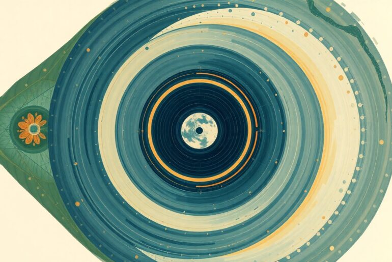 A highly structured abstract painting in soft, earthy tones of blue, green, and orange, featuring sweeping geometric arcs, concentric planetary circles, and precise botanical spirals, conceptually representing the Artemis II spacecraft