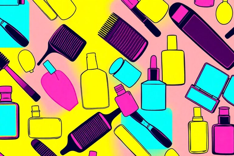 A brightly colored, high-contrast silkscreen print of a single, iconic beauty product like a hairbrush or makeup compact, repeated in a tight grid pattern to create a modern pop art representation of the local beauty industry.