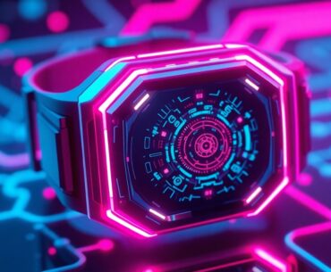 A highly detailed, glowing 3D illustration of a futuristic, neon-lit wearable wellness device, with intricate circuitry and geometric patterns pulsing with cyan and magenta lights, conceptually representing the convergence of technology and wellness.