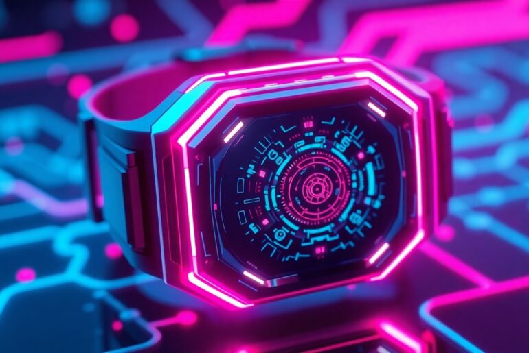 A highly detailed, glowing 3D illustration of a futuristic, neon-lit wearable wellness device, with intricate circuitry and geometric patterns pulsing with cyan and magenta lights, conceptually representing the convergence of technology and wellness.