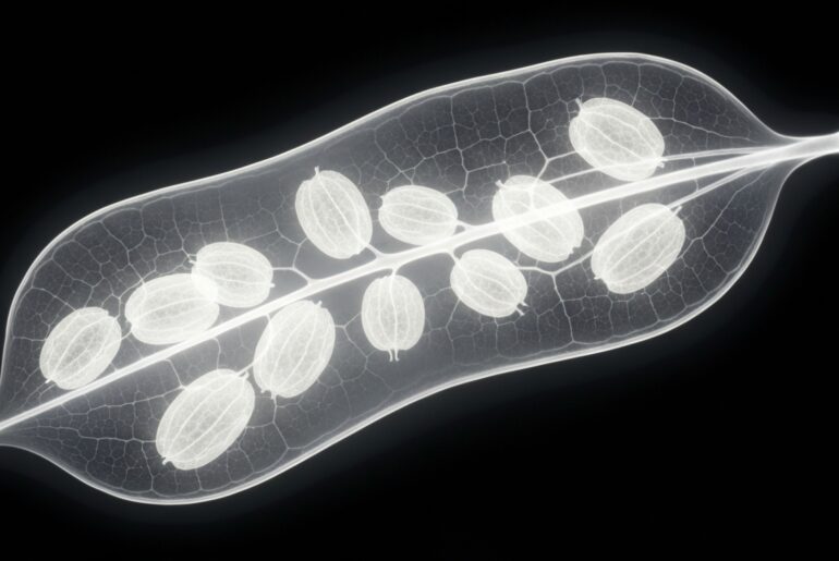 A translucent X-ray photograph revealing the intricate internal structure of a psyllium husk seed pod, conceptually illustrating the key ingredient in the ColonBroom fiber supplement.