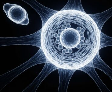 An extreme close-up X-ray photograph showing the intricate internal structure of a dendritic immune cell, with its branching network of mitochondria and other organelles glowing against a dark background, conceptually illustrating the metabolic changes that occur in these cells within the tumor microenvironment.