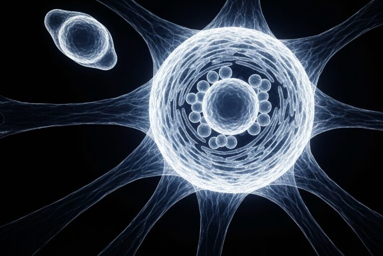 An extreme close-up X-ray photograph showing the intricate internal structure of a dendritic immune cell, with its branching network of mitochondria and other organelles glowing against a dark background, conceptually illustrating the metabolic changes that occur in these cells within the tumor microenvironment.