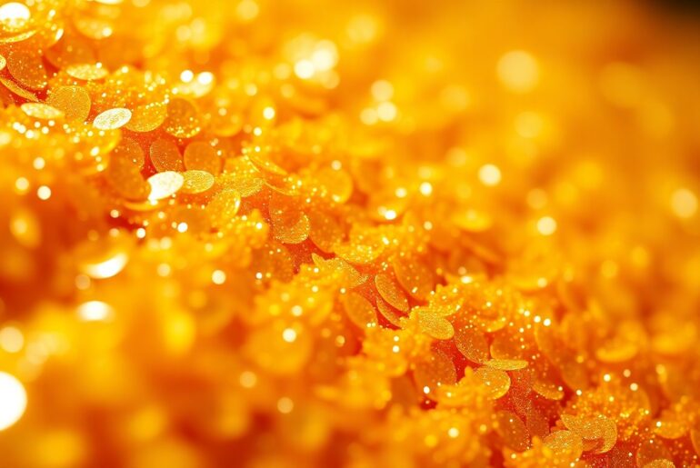 An extreme close-up of shimmering, glittering citrus-colored sequins, captured in dramatic, high-contrast studio lighting to create a luxurious, high-fashion aesthetic.