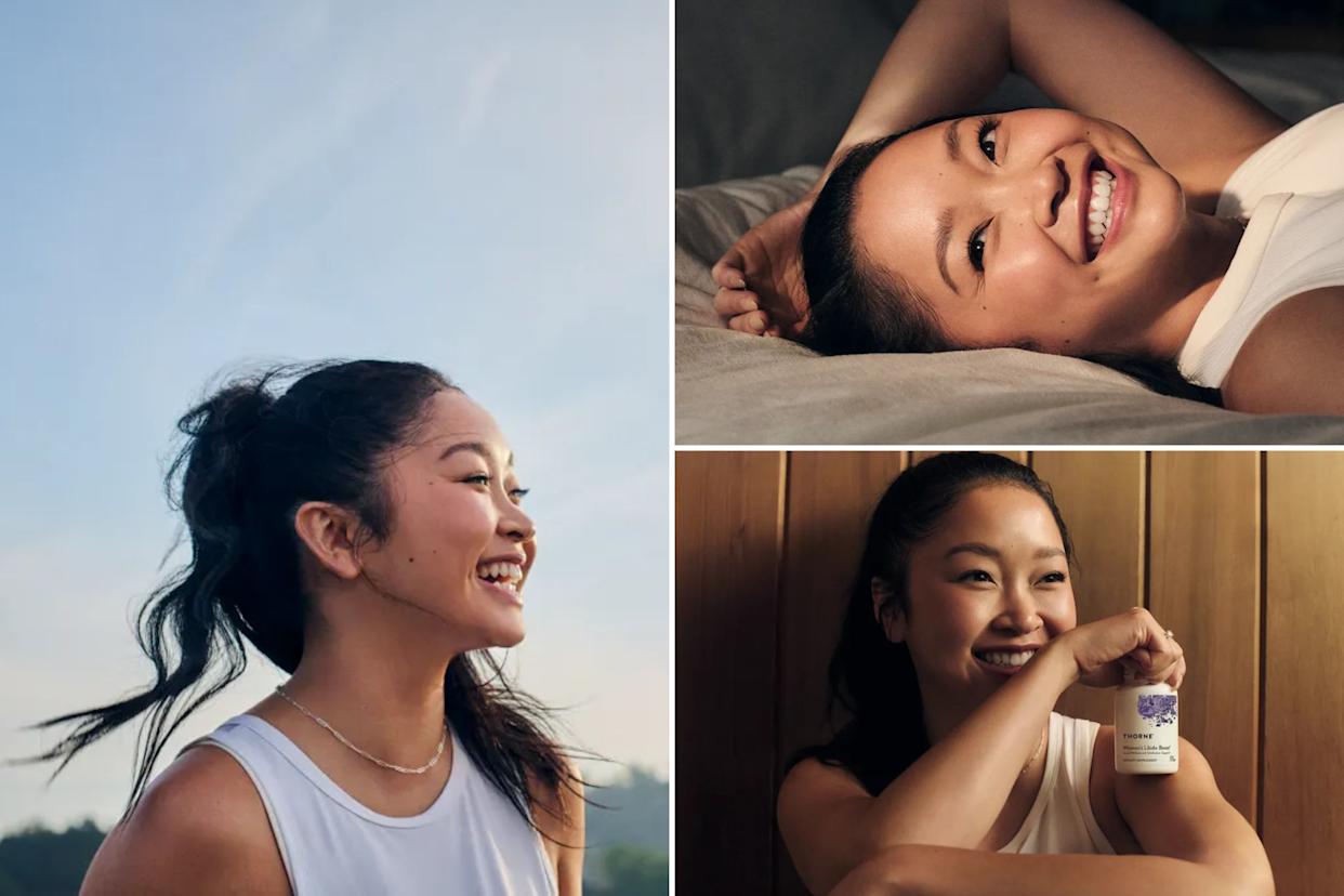 An image collage containing 3 images, Image 1 shows Lana Condor smiling in a white tank top, Image 2 shows Lana Condor smiling and lying on her back, looking directly up at the camera, Image 3 shows Lana Condor smiling and holding a bottle of Thorne Women's Libido Boost
