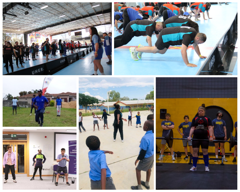 A six-photo collage shows athletes participating in and leading physical fitness activities.