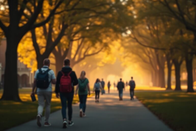 An abstract, out-of-focus photograph of students walking on a college campus, with warm, hazy pools of light and color creating a dreamlike, atmospheric mood.