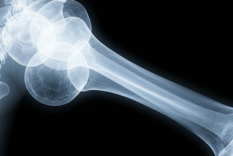 An extreme close-up X-ray image of a human bone, revealing its intricate internal structure with glowing, ghostly lines against a dark background, conceptually representing the benefits of taking a vitamin D3 and K2 supplement.
