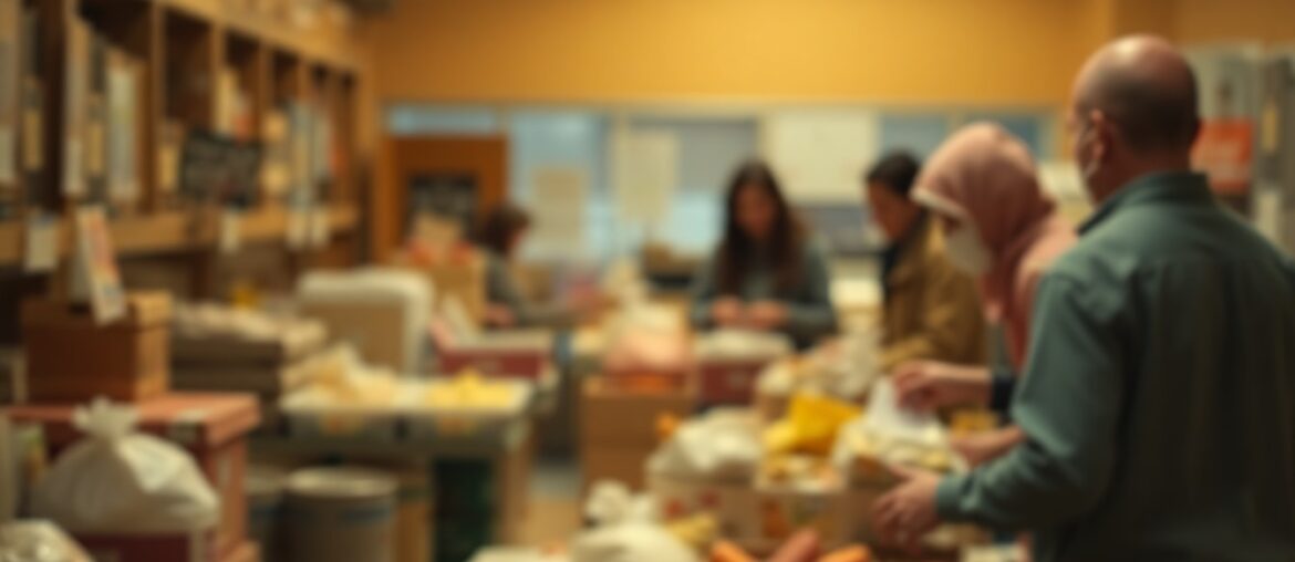 A blurred, atmospheric photograph in soft, warm tones depicting the interior of a community food pantry, with indistinct figures and objects representing the act of providing nourishment to those in need.