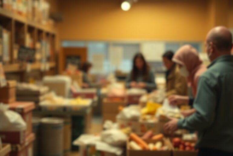 A blurred, atmospheric photograph in soft, warm tones depicting the interior of a community food pantry, with indistinct figures and objects representing the act of providing nourishment to those in need.