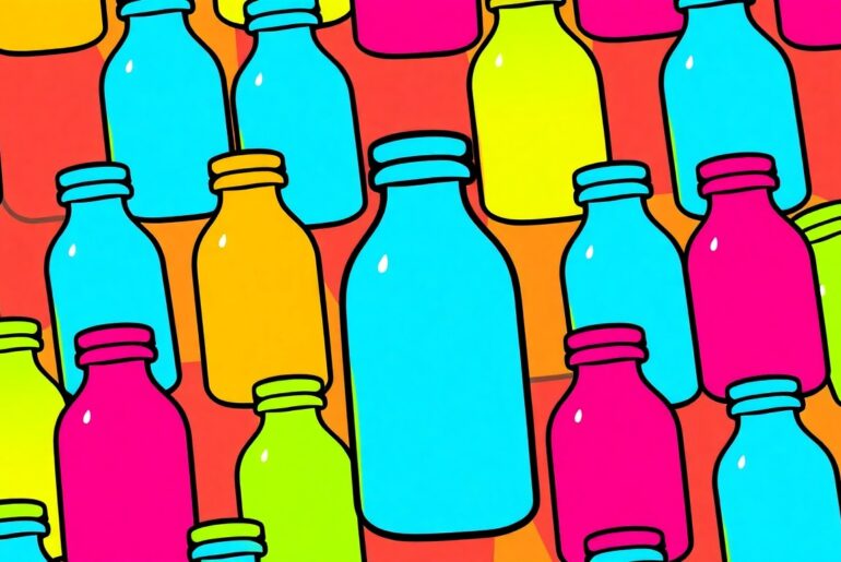 A high-contrast silkscreen print of a single, iconic kefir bottle repeated in a tight grid pattern, using vibrant neon colors and heavy black outlines to transform the everyday wellness product into modern pop art.
