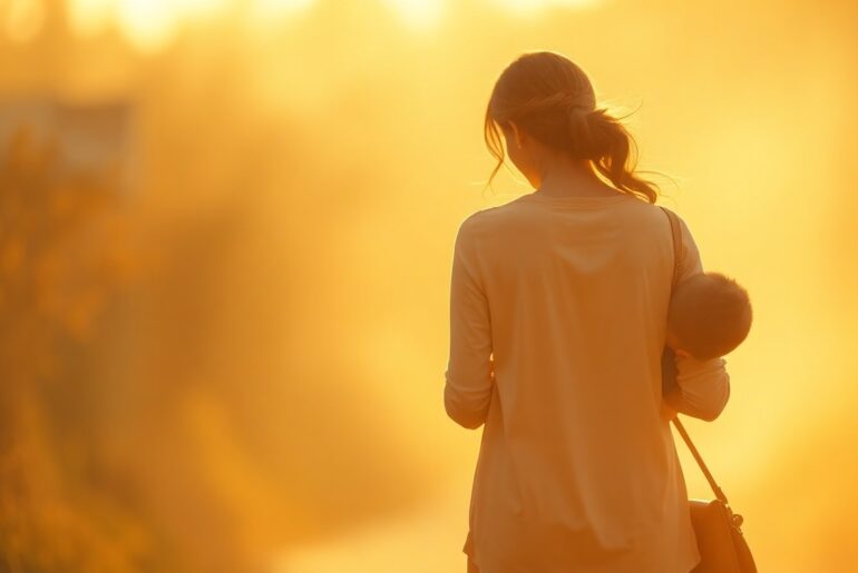 A blurred, impressionistic photograph of a mother and child walking together, their figures obscured in a hazy, warm glow of light, conveying a sense of intimacy and community.