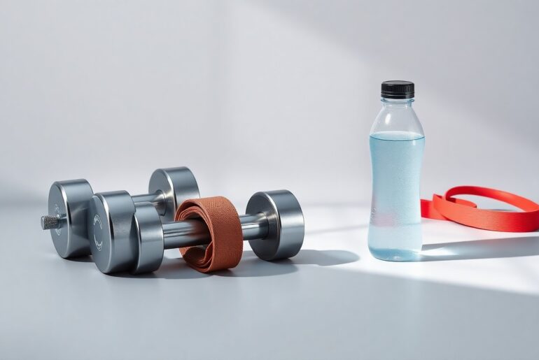 A photorealistic studio still life featuring a set of premium fitness equipment arranged elegantly on a clean background, conceptually representing the corporate strategy and financial markets of the fitness industry.