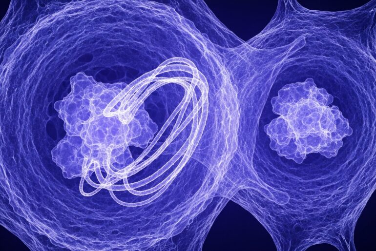 An extreme close-up X-ray photograph revealing the intricate internal structure of an inflamed immune cell, with glowing lines representing the key proteins involved in triggering harmful inflammation.