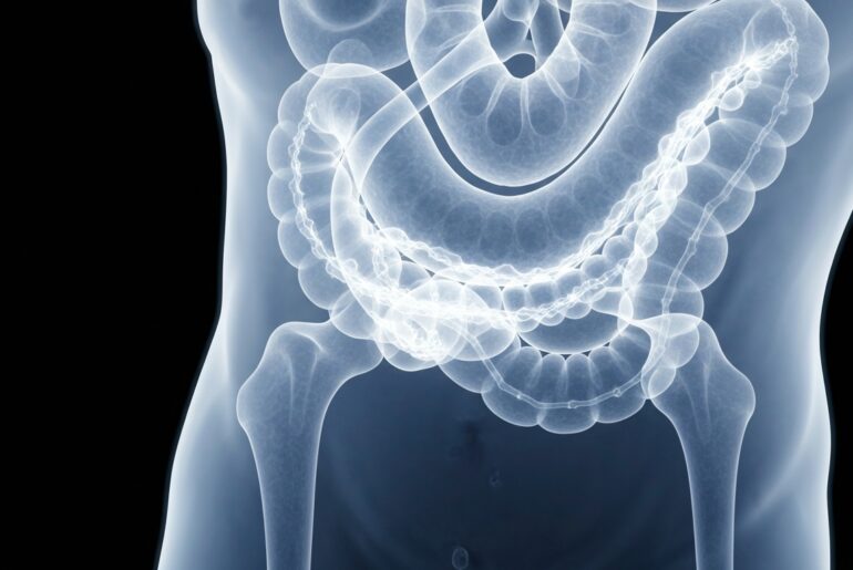 A translucent, ghostly X-ray-style photograph showing the internal structure of the human gut, with faint glowing lines representing the depletion of ILC3 immune cells due to a high-fat diet, conveying the concept of how dietary changes can rapidly disrupt critical gut defenses.