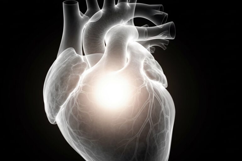 A highly detailed, translucent X-ray photograph of a human heart, its intricate structures and veins glowing against a dark background, symbolizing the holistic focus of a local wellness initiative.