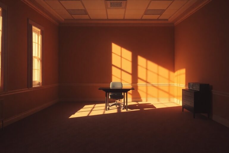 A dimly lit, cinematic painting of an empty political office space, with warm sunlight streaming through the windows and deep shadows casting a melancholy mood over the scene.