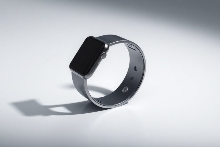 A close-up photograph of a sleek, modern fitness tracker or smartwatch device made of polished metal and glass, resting on a clean, monochromatic background and dramatically lit to highlight the precision and innovation of iFIT
