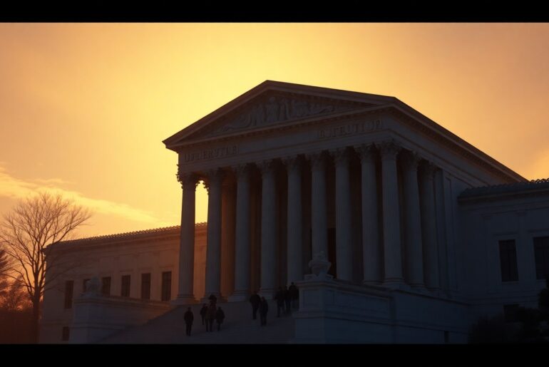 A photorealistic painting of the exterior of the Supreme Court building in Washington, D.C., with the iconic columns and dome bathed in warm, golden sunlight and deep shadows, conveying a sense of political tension and uncertainty.