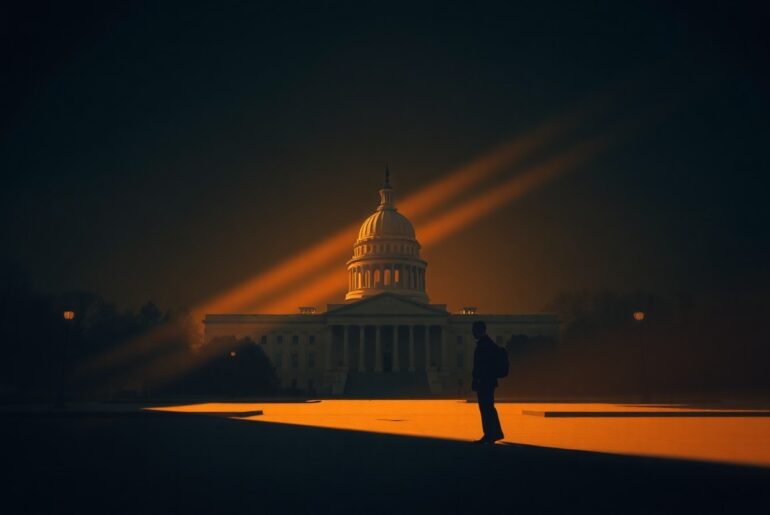 A serene, cinematic painting depicting a lone government building or political figure in a state of quiet contemplation, the scene bathed in warm, dramatic lighting that casts deep shadows, conveying a sense of the gravity and weight of the Supreme Court