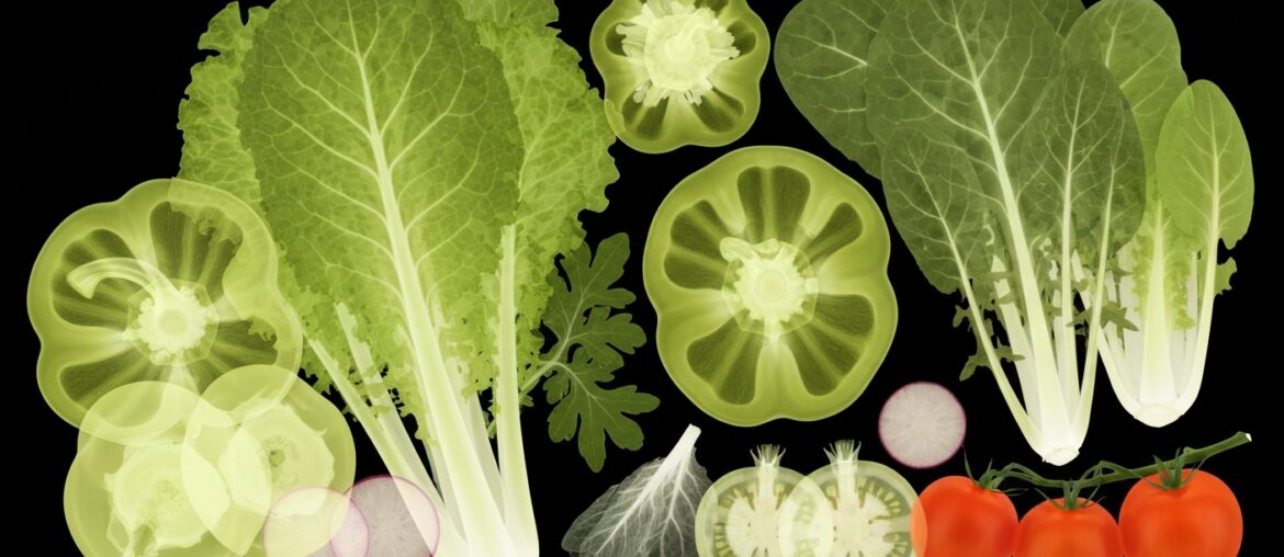 A translucent X-ray photograph showing the internal structures of various fresh fruits and vegetables, including leafy greens, bell peppers, and tomatoes, against a dark background, conceptually illustrating the nutritional value of plant-based foods.