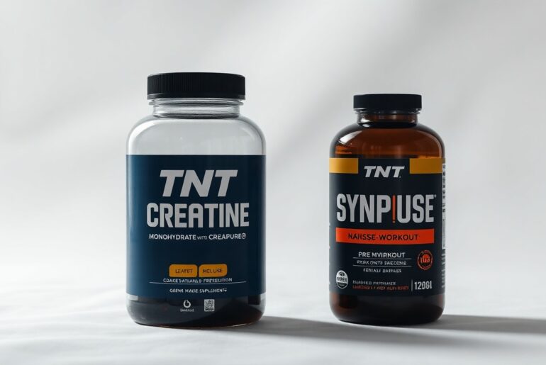 A minimalist, photorealistic studio still life featuring a glass jar of creatine powder and a bottle of pre-workout supplement, arranged elegantly on a clean, white background to symbolize the precision and quality of the German-made TNT products.