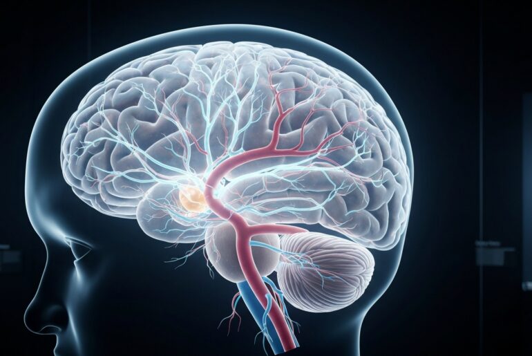 A highly detailed, translucent X-ray photograph revealing the intricate structures and neural pathways of the human brain, conceptually representing the data-driven approach of Sensi