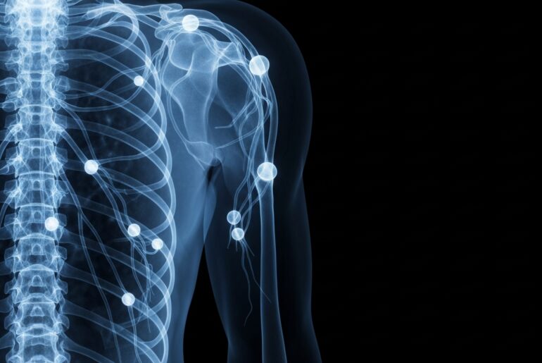 A ghostly, translucent X-ray photograph of the human lymphatic system, with a delicate network of glowing blue vessels and nodes against a dark background, symbolizing the importance of lymphatic health.