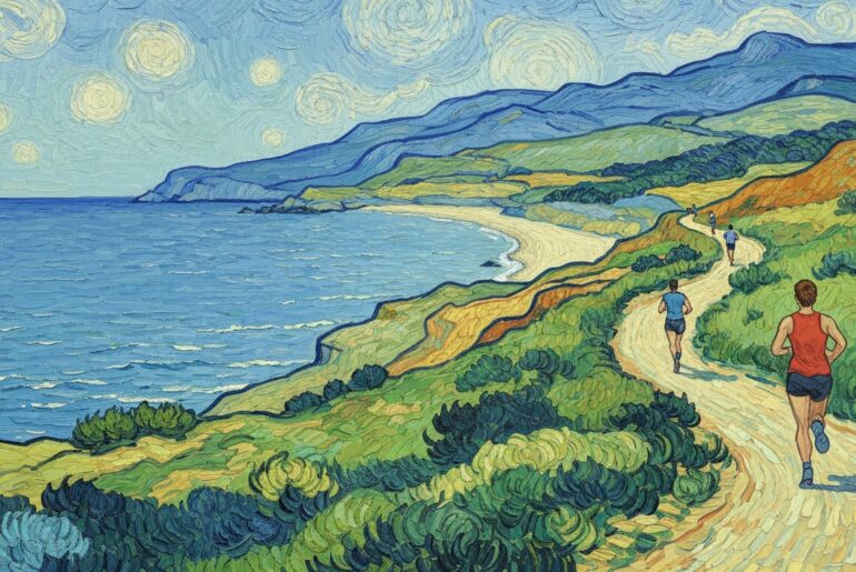 A textured oil painting in the style of Vincent Van Gogh, depicting runners on a winding coastal trail overlooking the sea, capturing the adventurous spirit of a fitness-focused vacation.