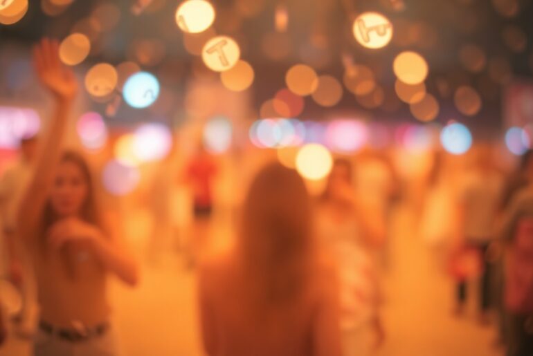 An abstract, impressionistic scene of blurred, colorful shapes and soft lighting, conveying the vibrant atmosphere of a beauty industry event.