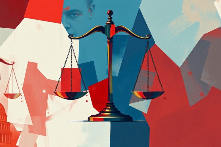 A dynamic, fragmented painting in red, white, and blue hues depicting the scales of justice, symbolizing the tension between the executive and judicial branches as the Trump administration leverages the Supreme Court
