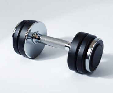 A photorealistic studio still-life photograph featuring a sleek, modern dumbbell made of polished chrome and black rubber, resting on a clean, white seamless background with dramatic studio lighting casting deep shadows, conceptually representing the strength and solidity of EoS Fitness
