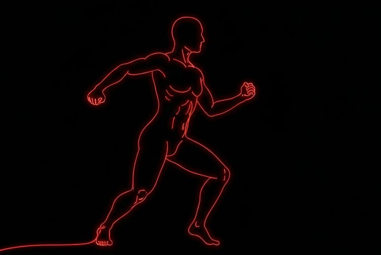 A vibrant neon outline of a human figure in an active, energetic pose, conveying the metabolic benefits of a natural weight loss supplement.