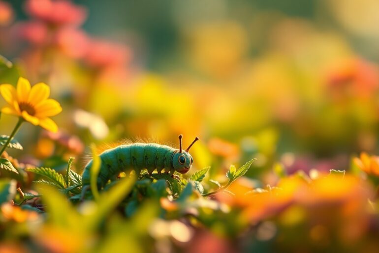 An extremely abstracted, out-of-focus photograph of a caterpillar crawling through a vibrant, blurred garden scene, capturing the warm, dreamlike mood of the children
