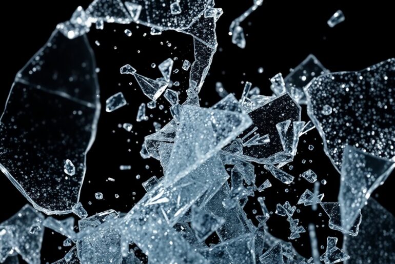 An extreme close-up of shattered glass and glittering sequins in dramatic, high-contrast studio lighting, conceptually representing the glamour and high-stakes drama of the