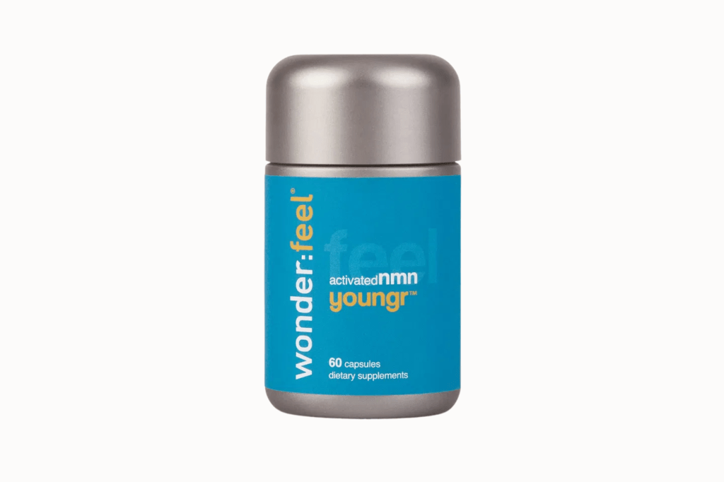 A wonder:feel activated NMN Youngr dietary supplement in a gray and blue bottle, containing 60 capsules.