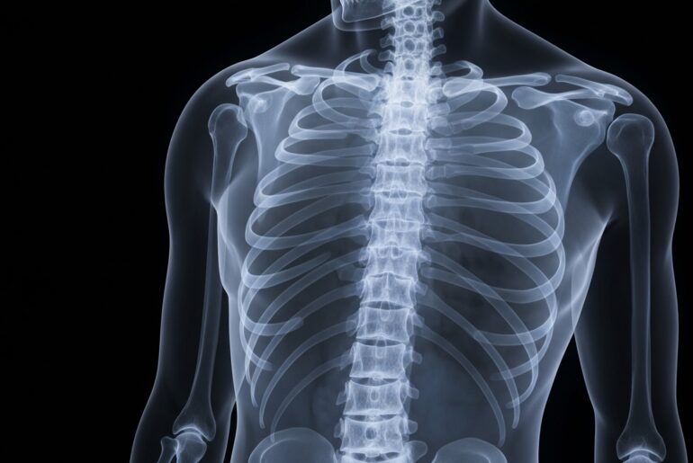 A ghostly, translucent X-ray photograph of a human skeleton, with the bones glowing faintly against a dark background, conceptually illustrating the importance of vitamin D for bone health.