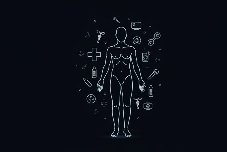 A vibrant, neon-outlined figure representing the human body, surrounded by various medical icons and symbols, conveying the comprehensive and personalized nature of the Medicare Annual Wellness Visit.